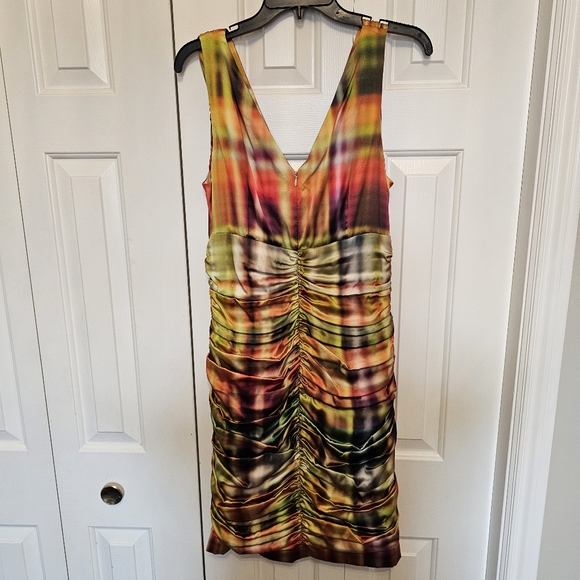 Designer Rickie Freeman Teri Jon silk rainbow rushed fitted dress size 12 - Picture 2 of 11